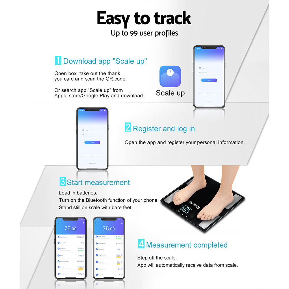 Everfit Body Fat Bathroom Scale Weighing Wireless Bluetooth Gym 180KG SCALE-BFAT-BLTH-BK