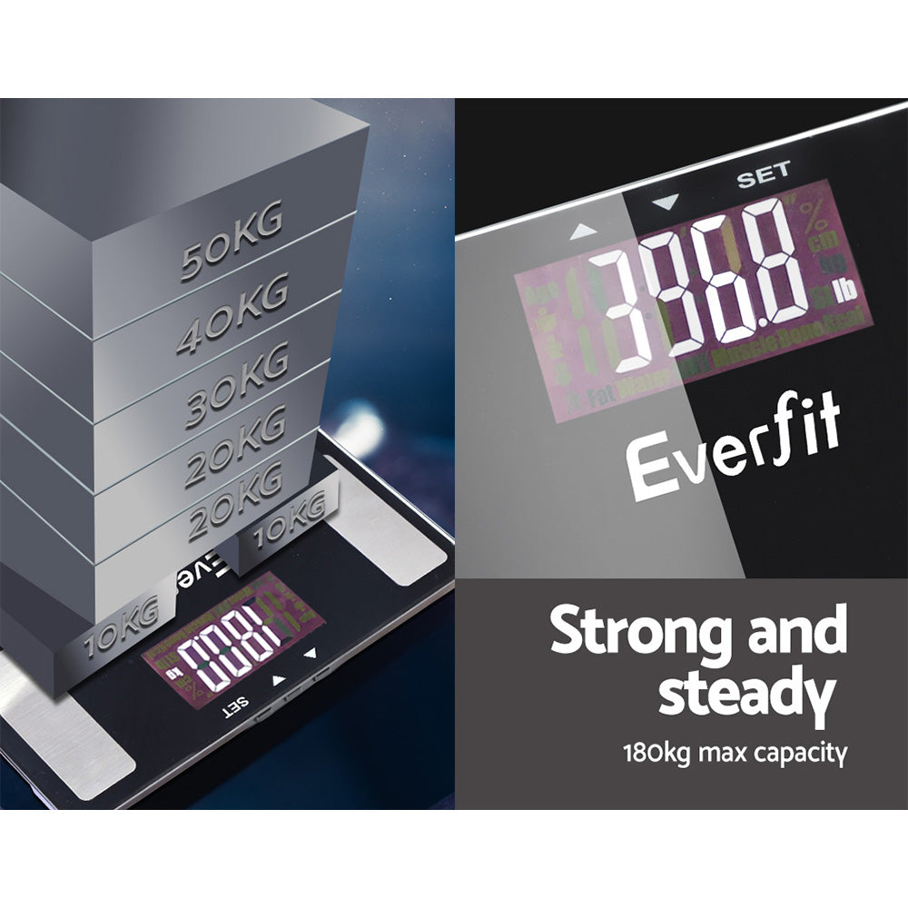 Everfit Body Fat Bathroom Scale Weighing Wireless Bluetooth Gym 180KG SCALE-BFAT-BLTH-BK