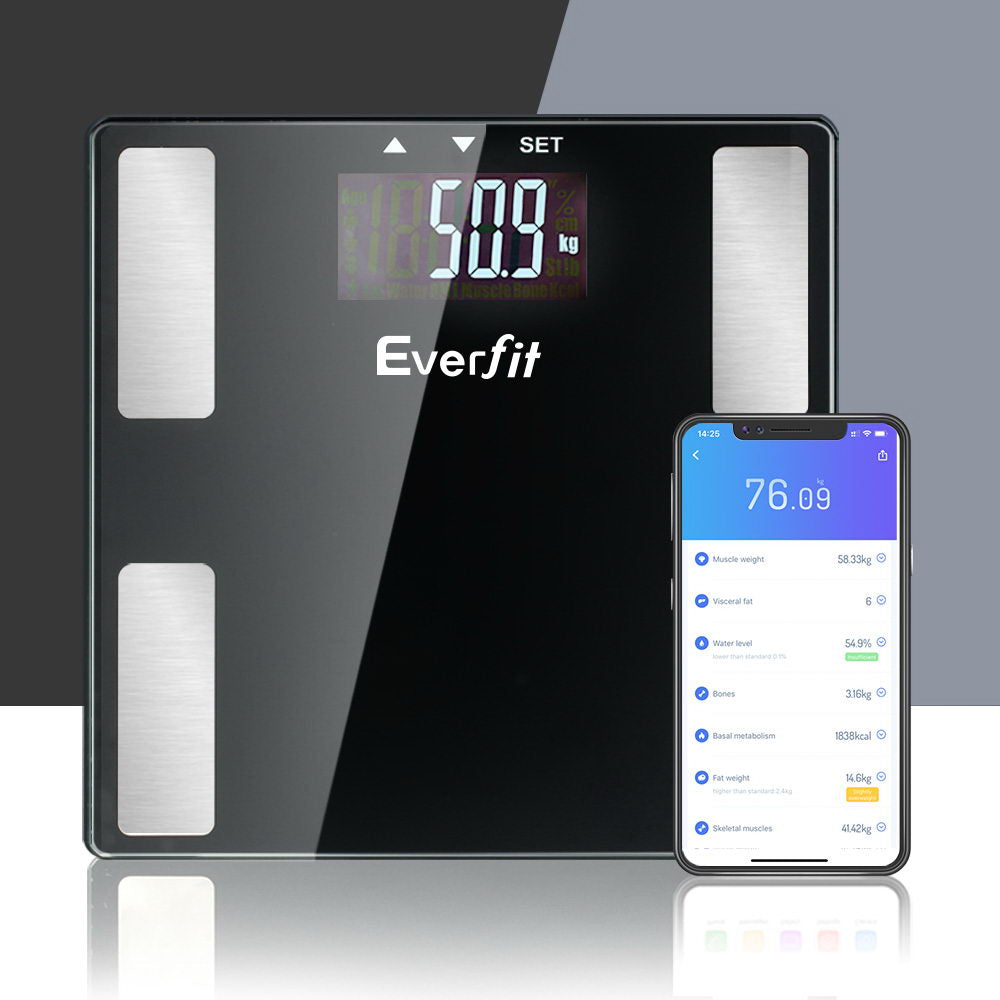 Everfit Body Fat Bathroom Scale Weighing Wireless Bluetooth Gym 180KG SCALE-BFAT-BLTH-BK