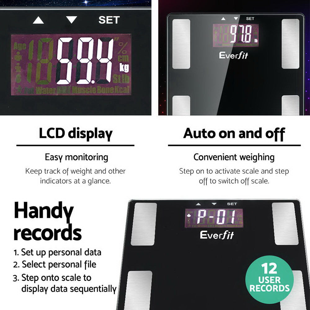 Everfit Body Fat Bathroom Scale Weighing BMI Monitor Gym 180KG SCALE-BFAT-MULTI-BK