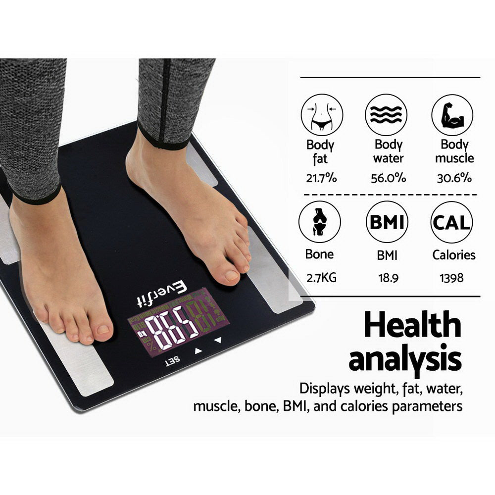 Everfit Body Fat Bathroom Scale Weighing BMI Monitor Gym 180KG SCALE-BFAT-MULTI-BK