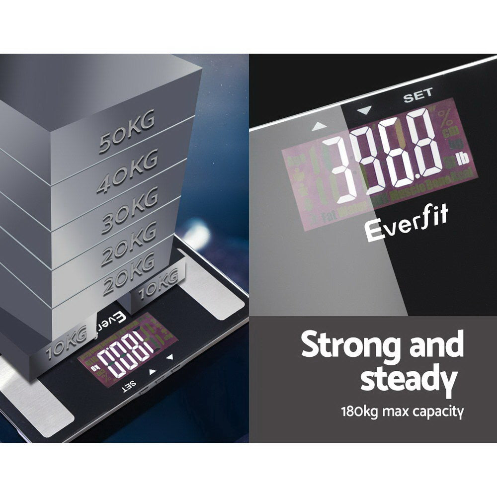 Everfit Body Fat Bathroom Scale Weighing BMI Monitor Gym 180KG SCALE-BFAT-MULTI-BK