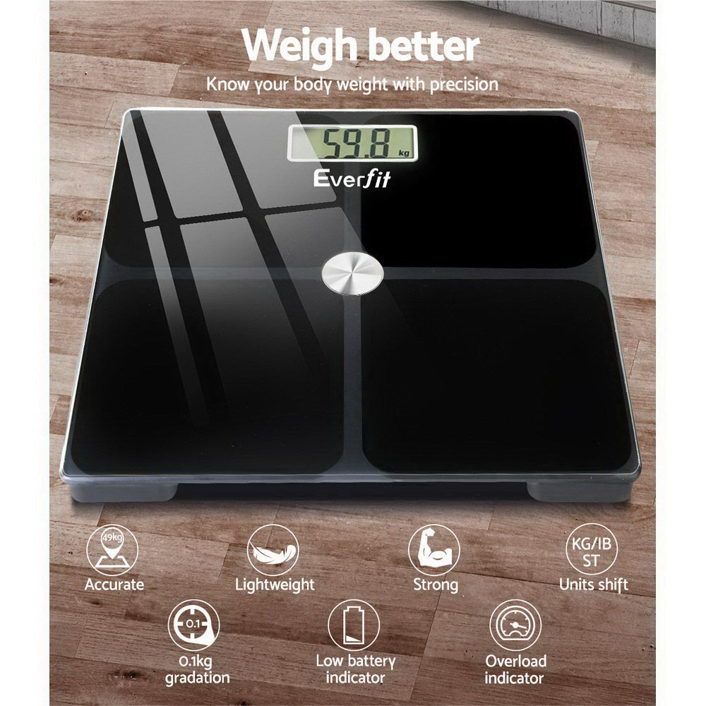 Everfit Electronic Digital Bathroom Scale Weighing Tracker Gym 180KG SCALE-BFAT-S-BK