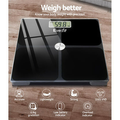 Everfit Electronic Digital Bathroom Scale Weighing Tracker Gym 180KG SCALE-BFAT-S-BK