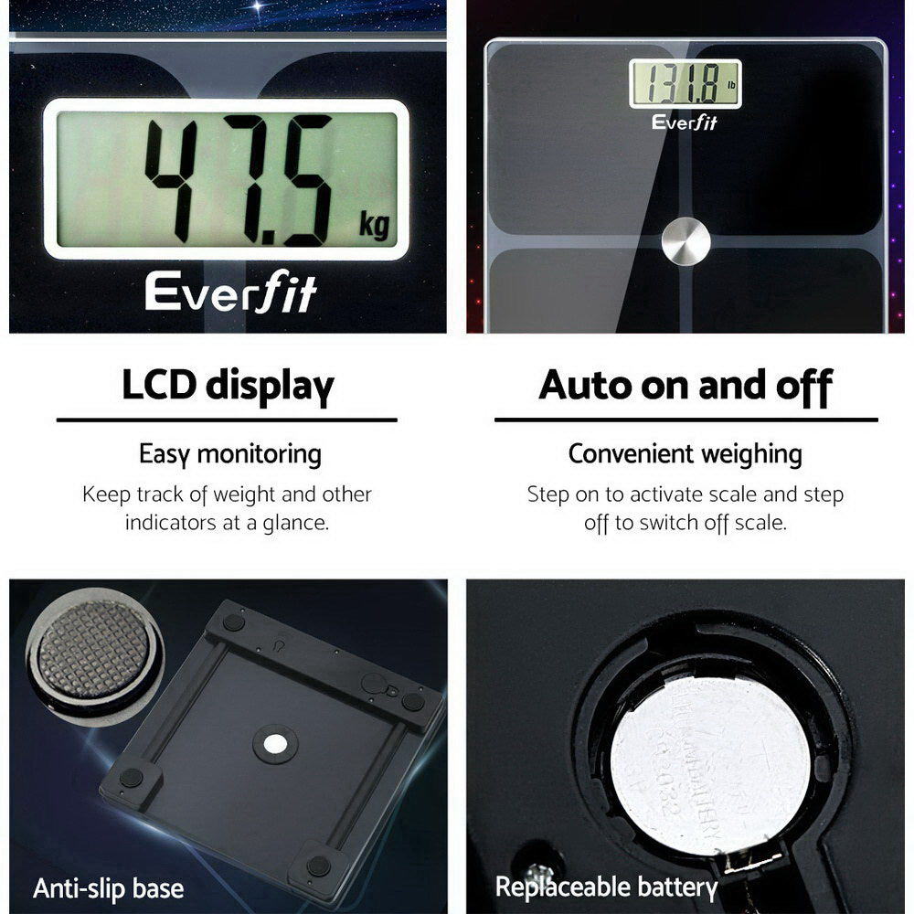 Everfit Electronic Digital Bathroom Scale Weighing Tracker Gym 180KG SCALE-BFAT-S-BK