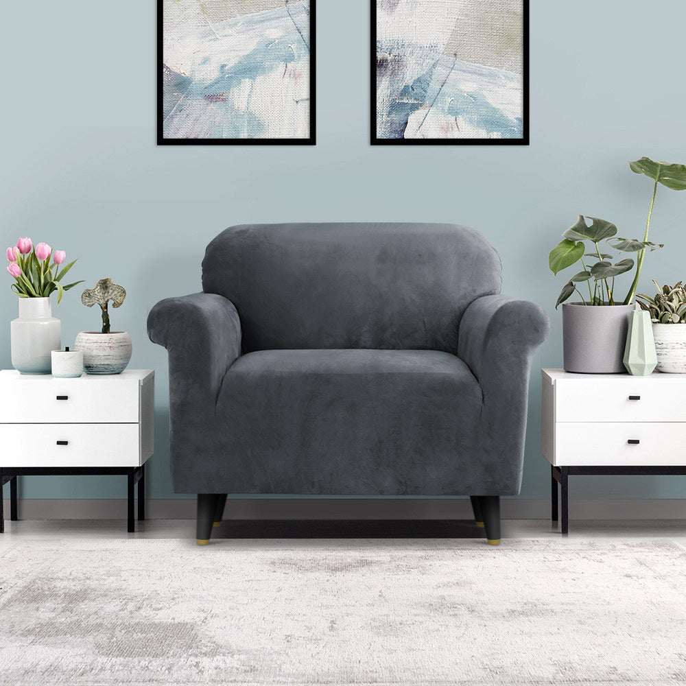 Artiss Sofa Cover Couch Covers 1 Seater Velvet Grey SCOVER-VEL-1-GY