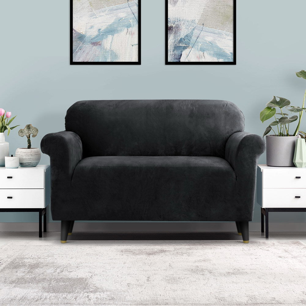 Artiss Sofa Cover Couch Covers 2 Seater Velvet Black SCOVER-VEL-2-BK