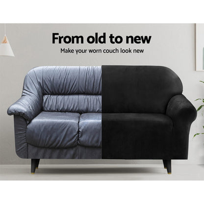 Artiss Sofa Cover Couch Covers 3 Seater Velvet Black SCOVER-VEL-3-BK