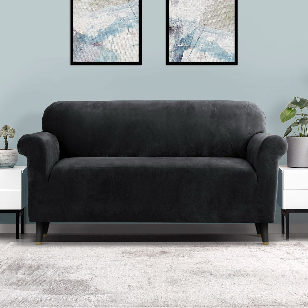 Artiss Sofa Cover Couch Covers 3 Seater Velvet Black SCOVER-VEL-3-BK