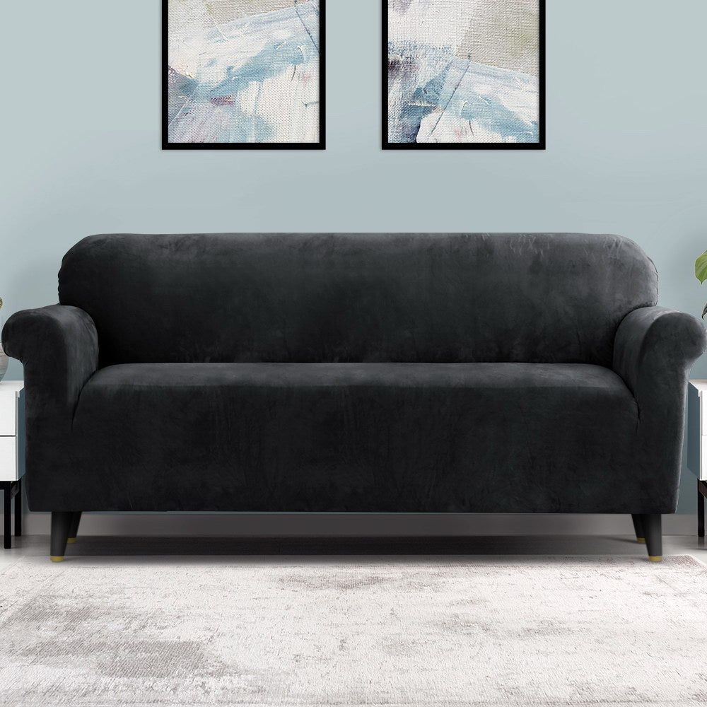 Artiss Sofa Cover Couch Covers 4 Seater Velvet Black SCOVER-VEL-4-BK