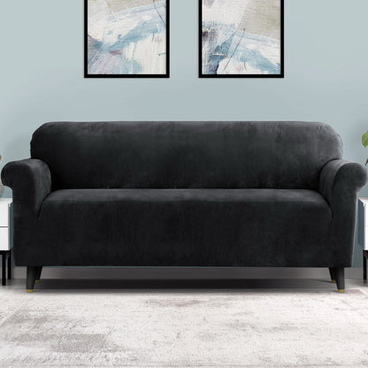 Artiss Sofa Cover Couch Covers 4 Seater Velvet Black SCOVER-VEL-4-BK