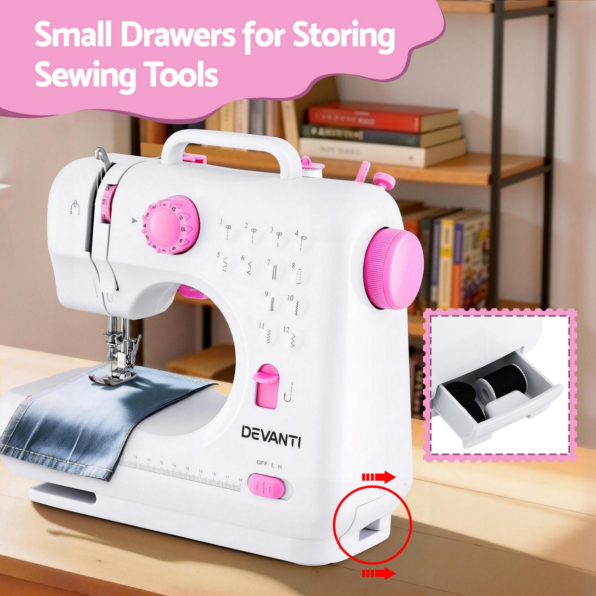 Devanti 12 Stitches Mini Sewing Machine for Beginners Portable Sewing Machine Kit with LED Lights SEW-A-12-PK