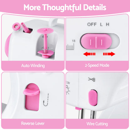 Devanti 12 Stitches Mini Sewing Machine for Beginners Portable Sewing Machine Kit with LED Lights SEW-A-12-PK