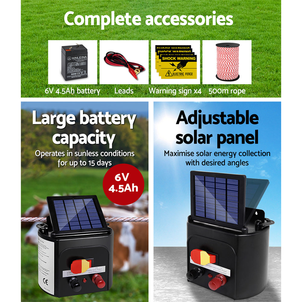 Giantz Fence Energiser 5KM Solar Powered Electric 500M Poly Rope SFC-FIK-ROPE-500M-5KM