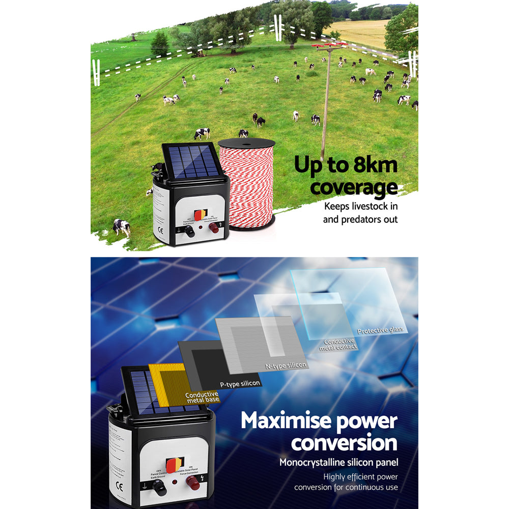 Giantz Fence Energiser 8KM Solar Powered Electric 500M Poly Rope SFC-FIK-ROPE-500M-8KM