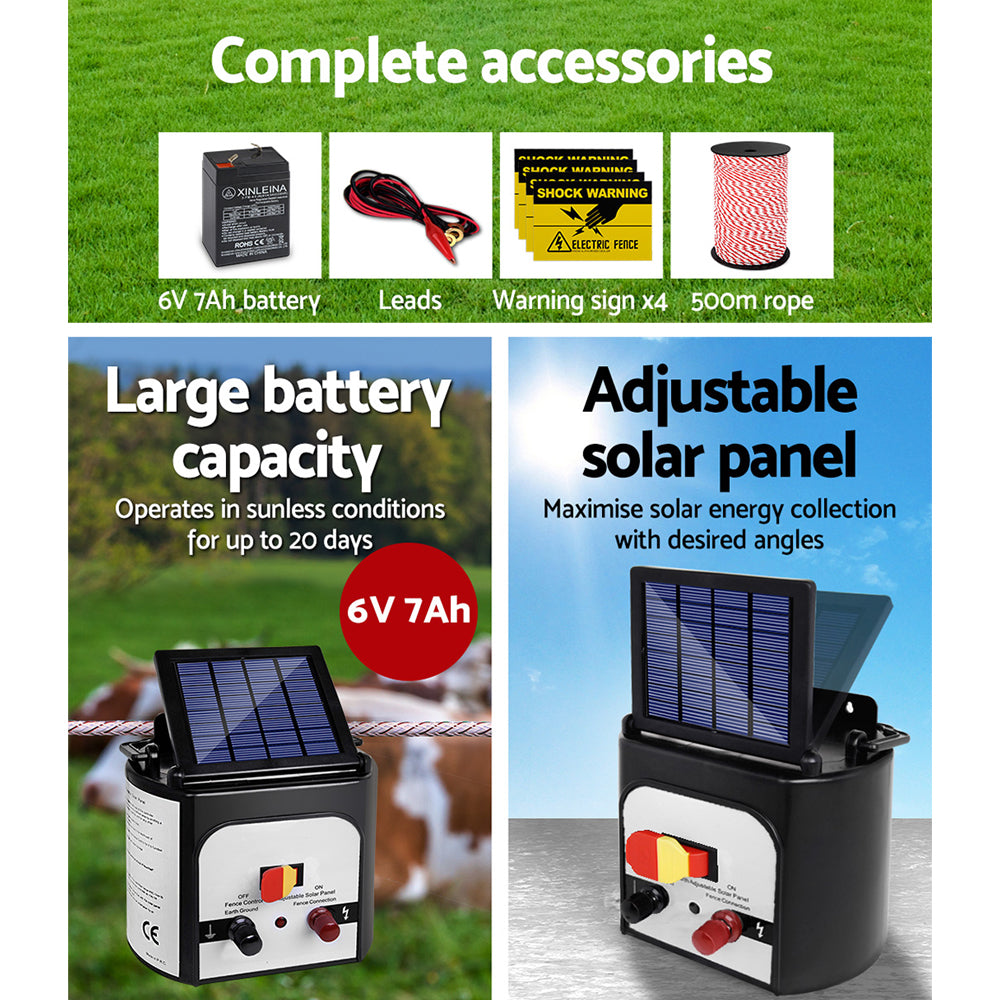 Giantz Fence Energiser 8KM Solar Powered Electric 500M Poly Rope SFC-FIK-ROPE-500M-8KM