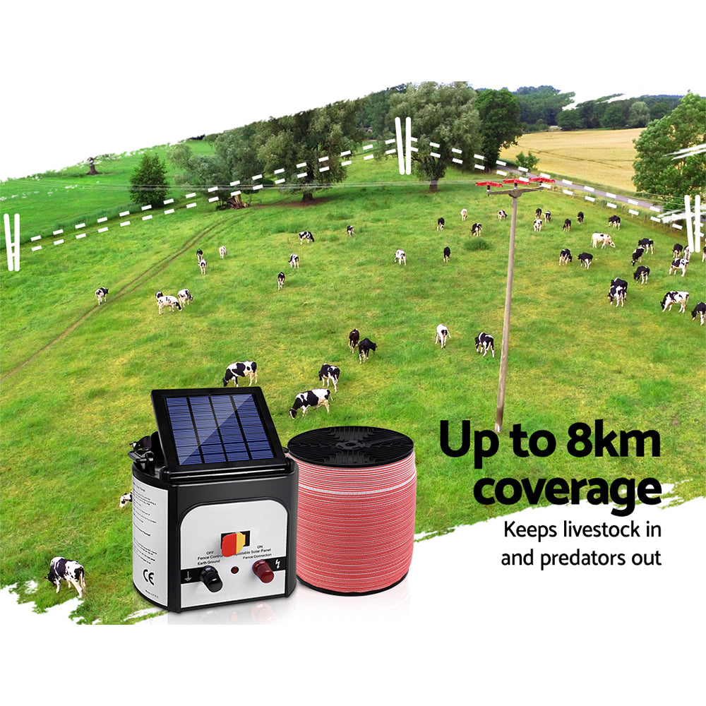 Giantz Fence Energiser 8KM Solar Powered Electric 2000M Poly Tape SFC-FIK-TAPE-2000M-8KM