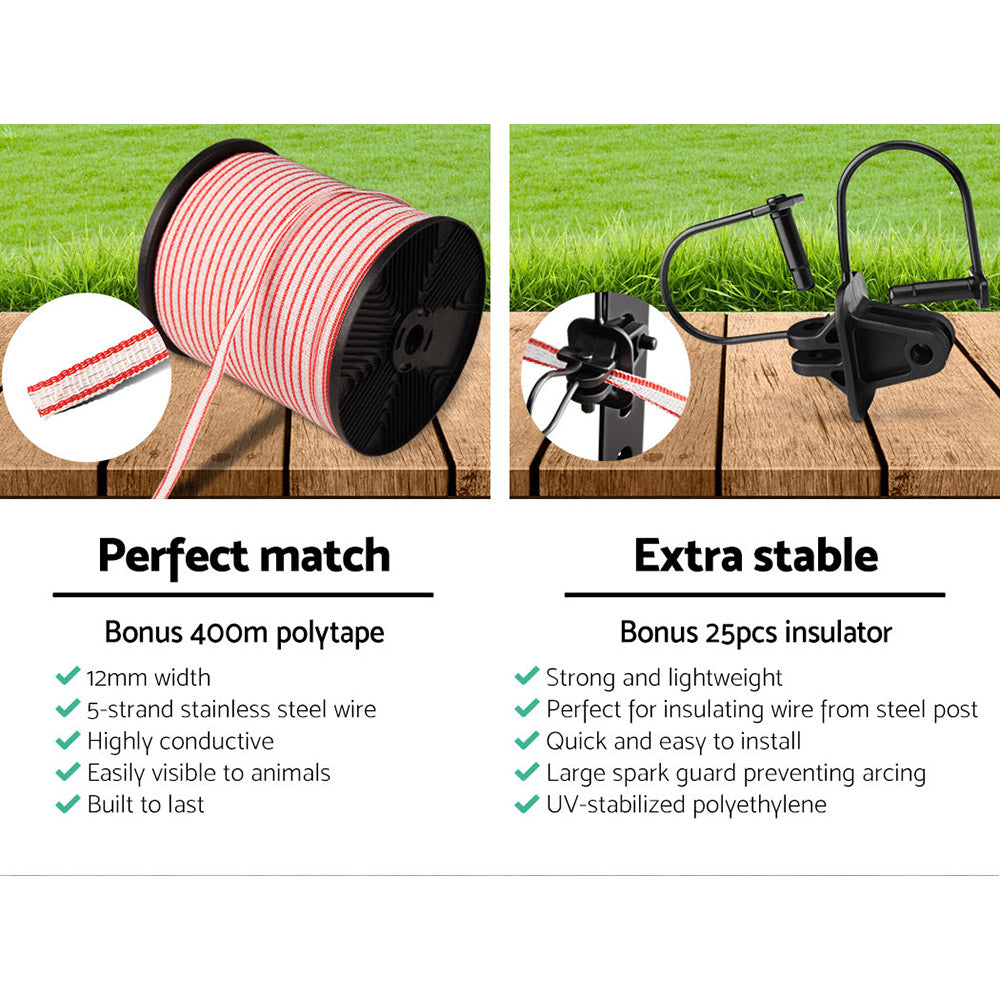 Giantz Fence Energiser 5KM Solar Powered Electric 400M Poly Tape Insulator SFC-FIK-TAPE-5KM