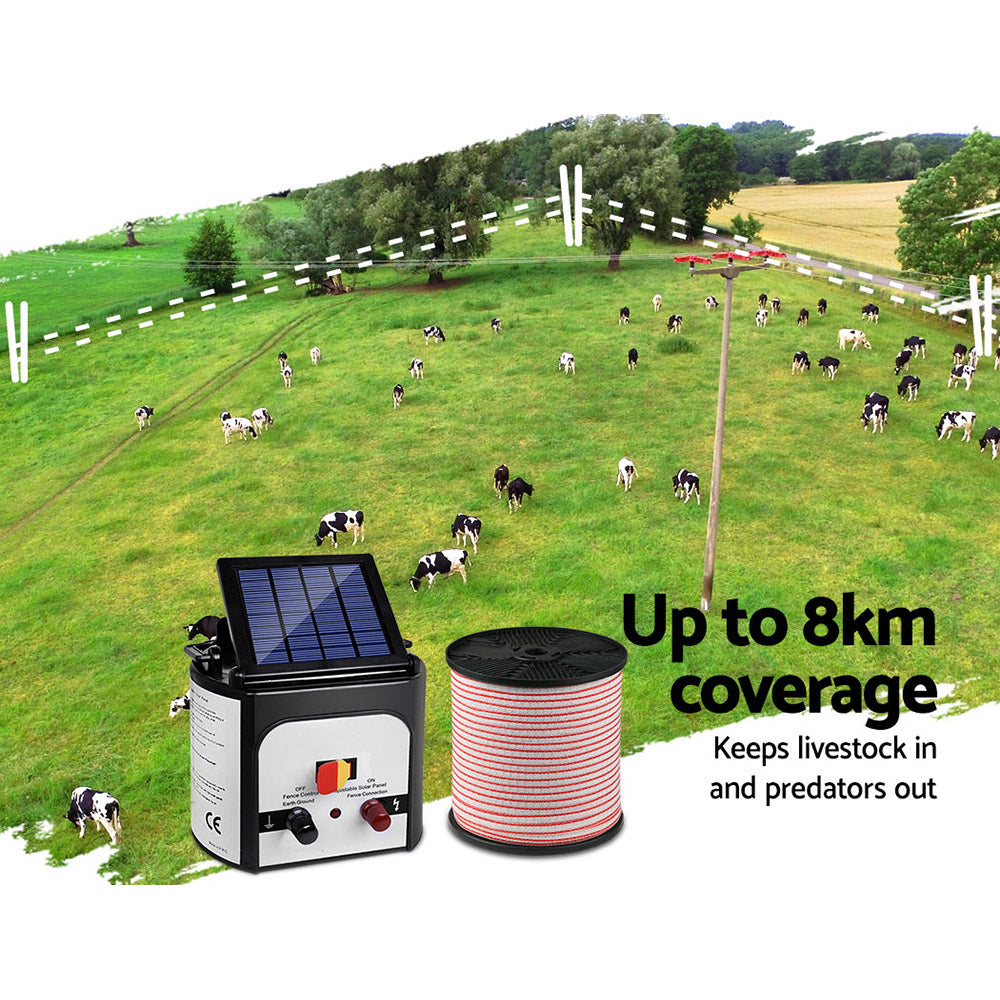 Giantz Fence Energiser 8KM Solar Powered Electric 400M Poly Tape Insulator SFC-FIK-TAPE-8KM-N