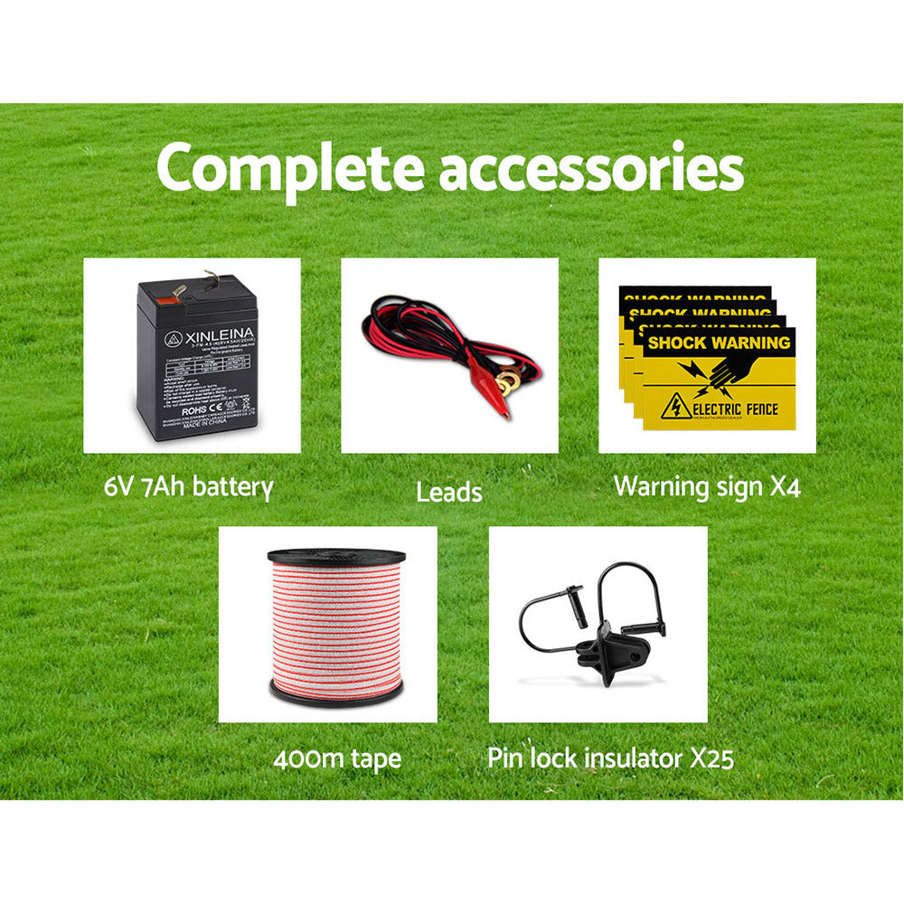 Giantz Fence Energiser 8KM Solar Powered Electric 400M Poly Tape Insulator SFC-FIK-TAPE-8KM-N