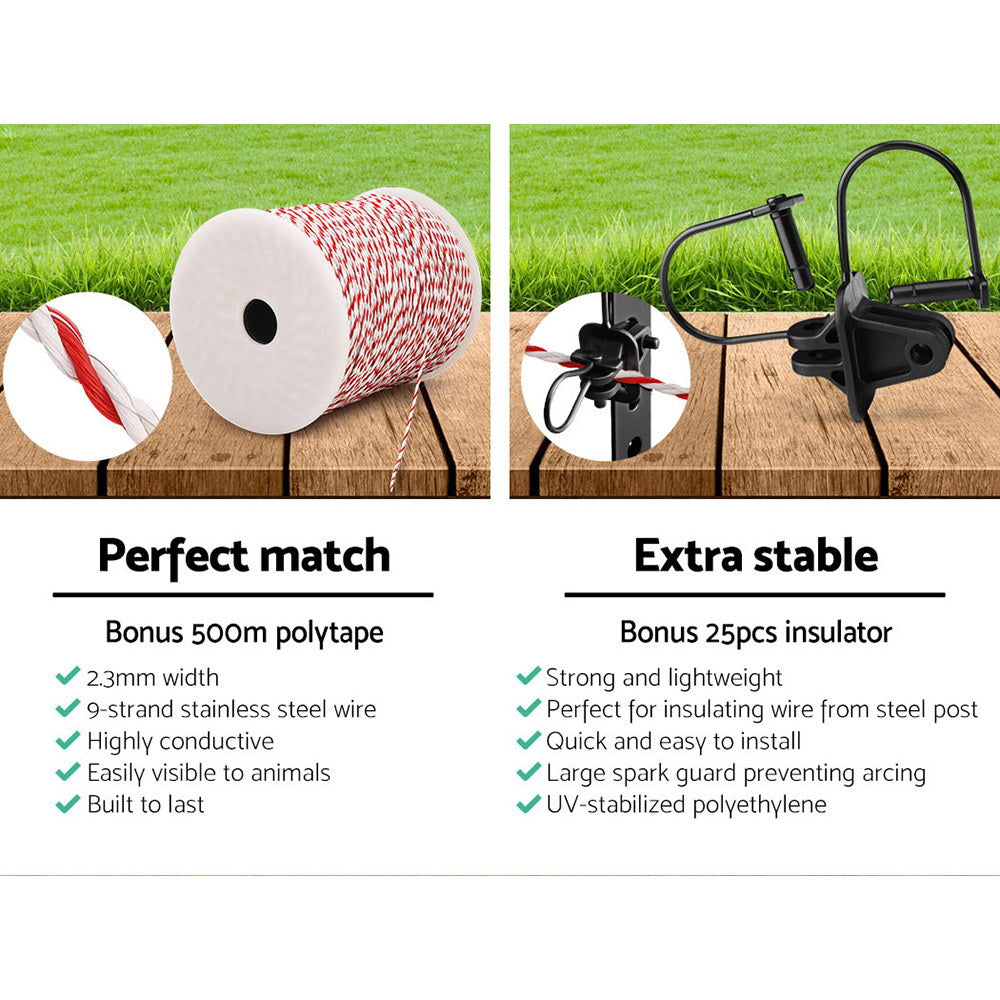 Giantz Fence Energiser 5KM Solar Powered Electric 500M Poly Wire Insulator SFC-FIK-WIRE-5KM