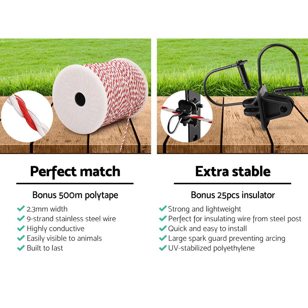 Giantz Fence Energiser 8KM Solar Powered Electric 500M Poly Wire Insulator SFC-FIK-WIRE-8KM-N