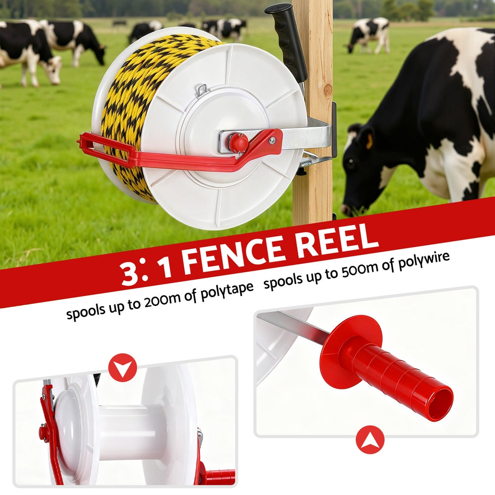 Giantz Electric Fence Reel Geared Portable Polywire Fencing Farm White SFC-REEL13-WH