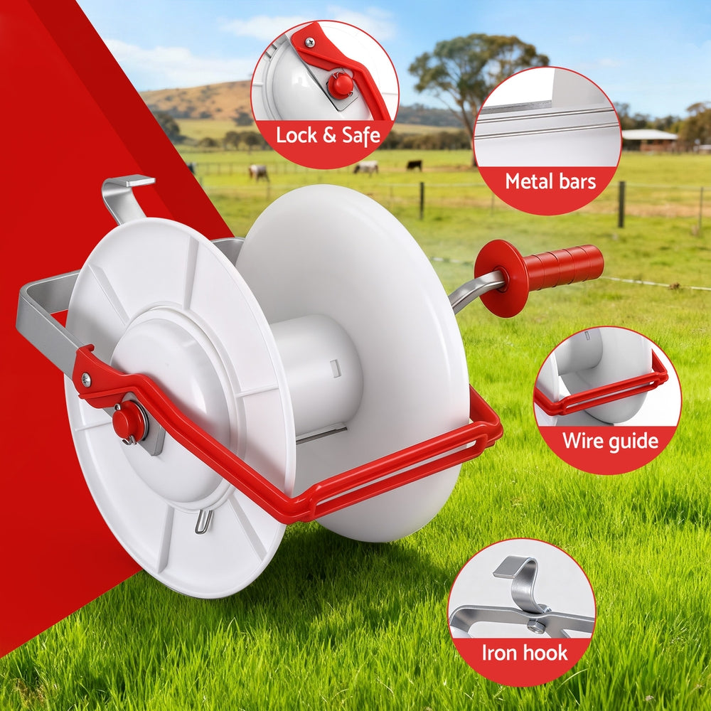 Giantz Electric Fence Reel Geared Portable Polywire Fencing Farm White SFC-REEL13-WH