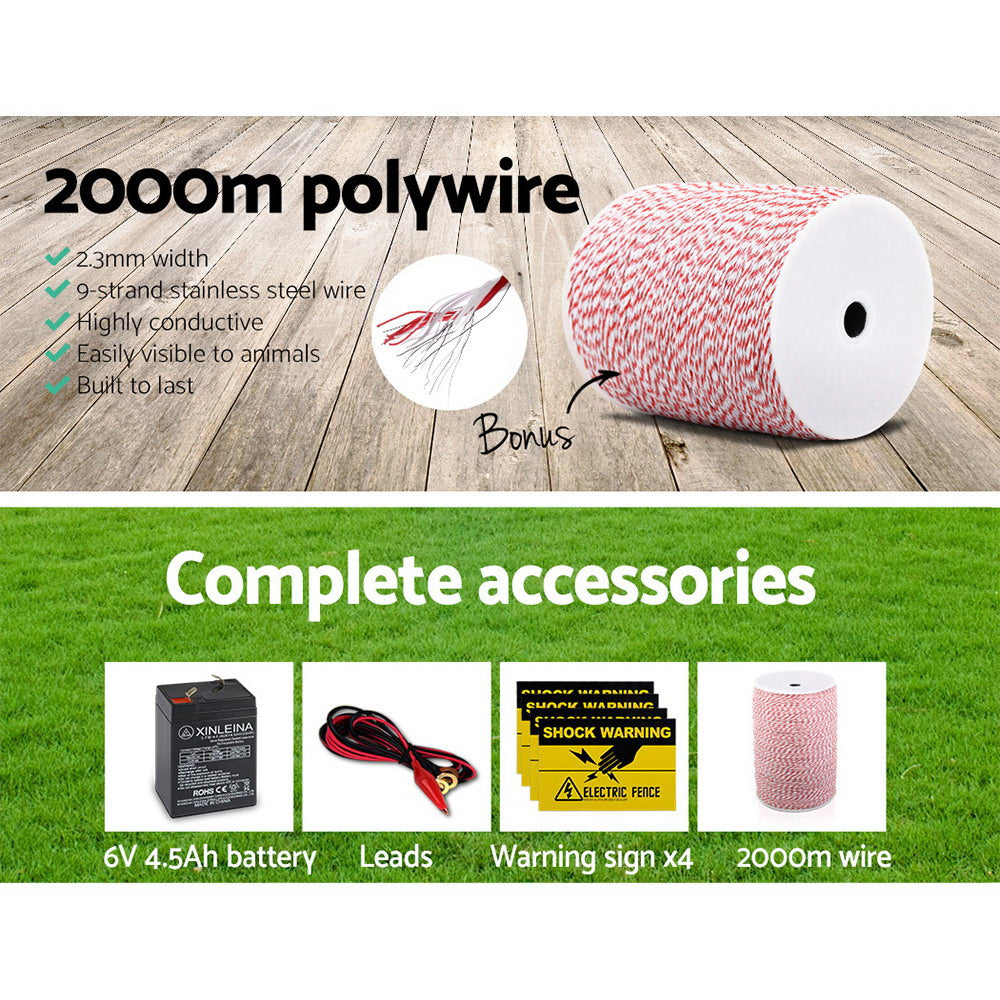 Giantz Fence Energiser 3KM Solar Powered Electric 2KM Poly Wire SFC-SO10-3KM-2000-NS