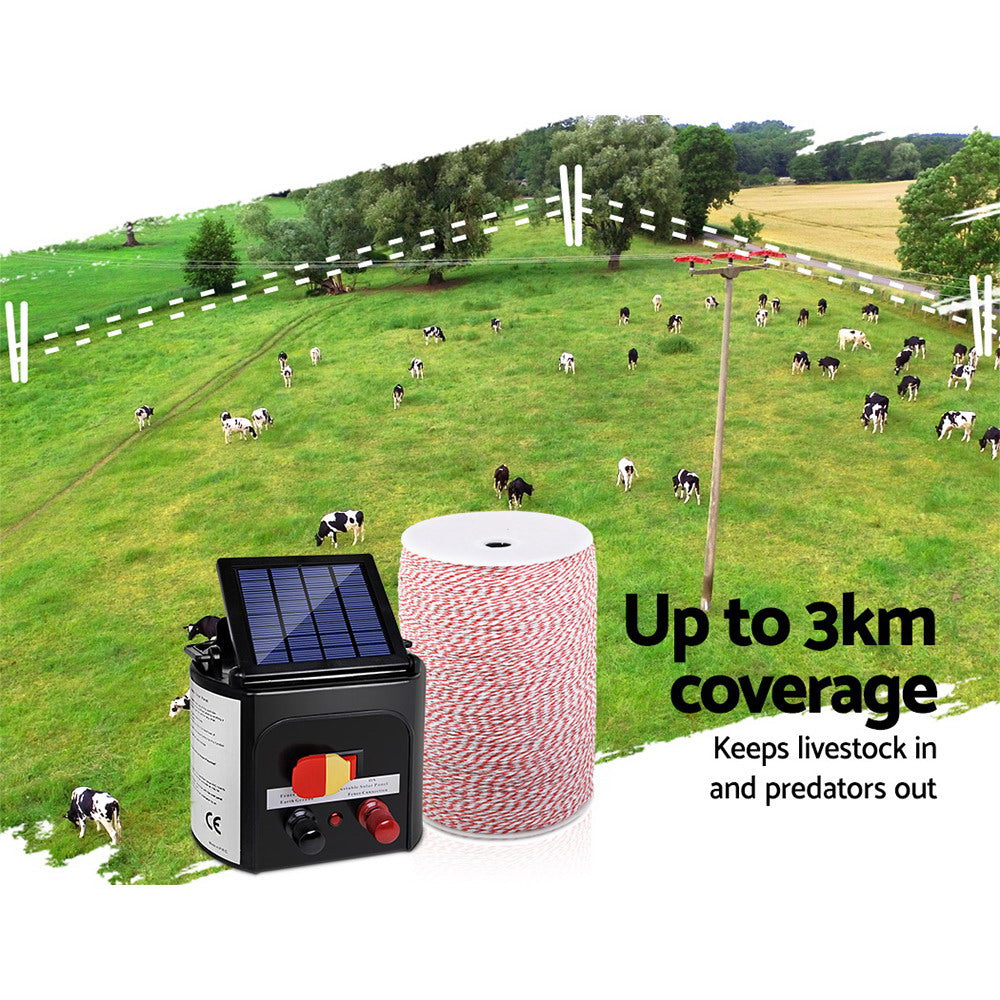 Giantz Fence Energiser 3KM Solar Powered Electric 2KM Poly Wire SFC-SO10-3KM-2000-NS