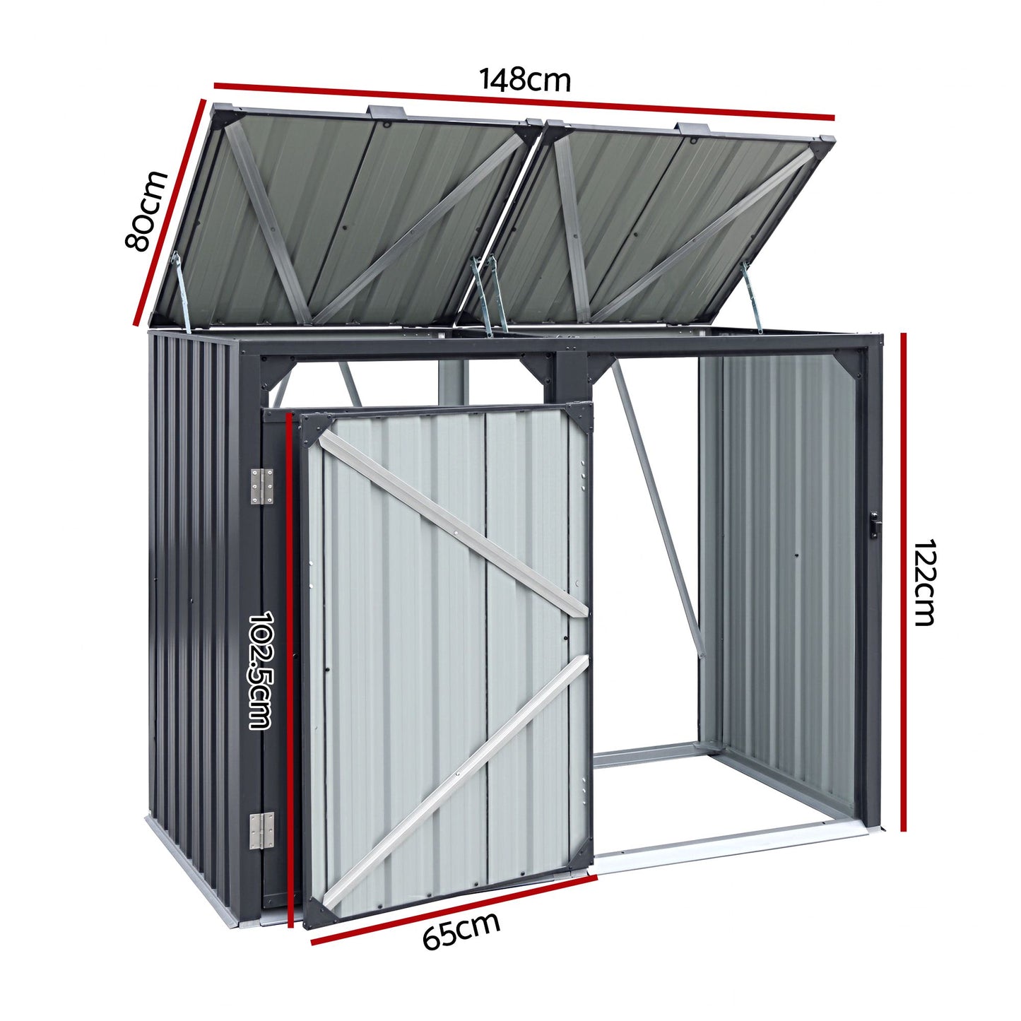Giantz Bin Shed Double Wheelie Waste Bins Storage Steel Garden Enclosure Grey SHED-2BIN-STEEL-BK
