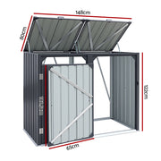 Giantz Bin Shed Double Wheelie Waste Bins Storage Steel Garden Enclosure Grey SHED-2BIN-STEEL-BK