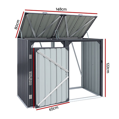 Giantz Bin Shed Double Wheelie Waste Bins Storage Steel Garden Enclosure Grey SHED-2BIN-STEEL-BK