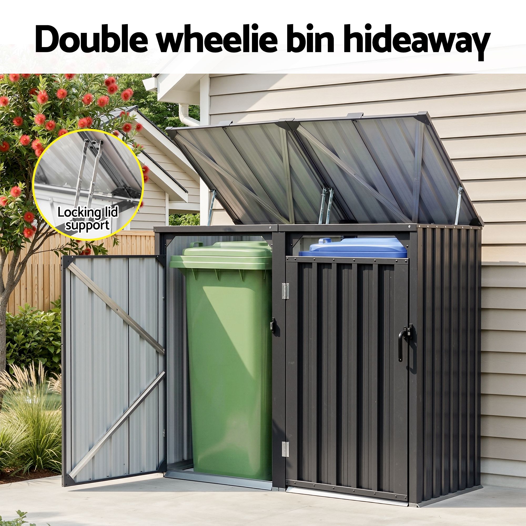 Giantz Bin Shed Double Wheelie Waste Bins Storage Steel Garden Enclosure Grey SHED-2BIN-STEEL-BK