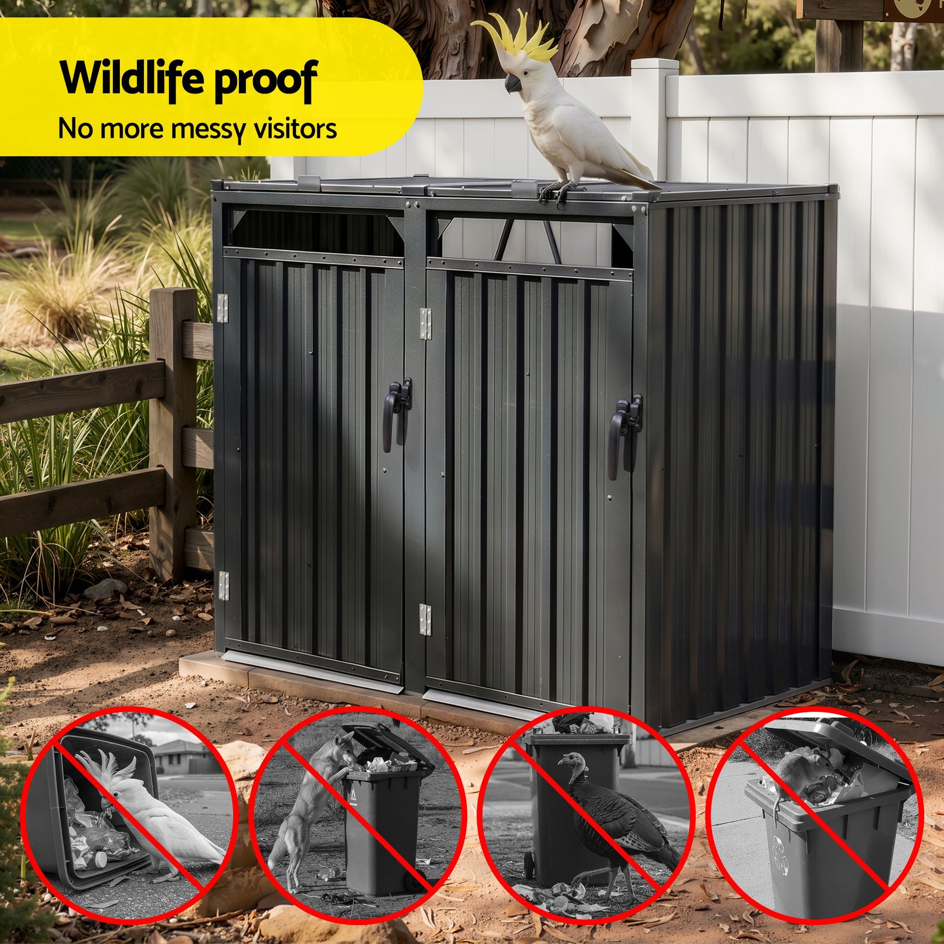 Giantz Bin Shed Double Wheelie Waste Bins Storage Steel Garden Enclosure Grey SHED-2BIN-STEEL-BK