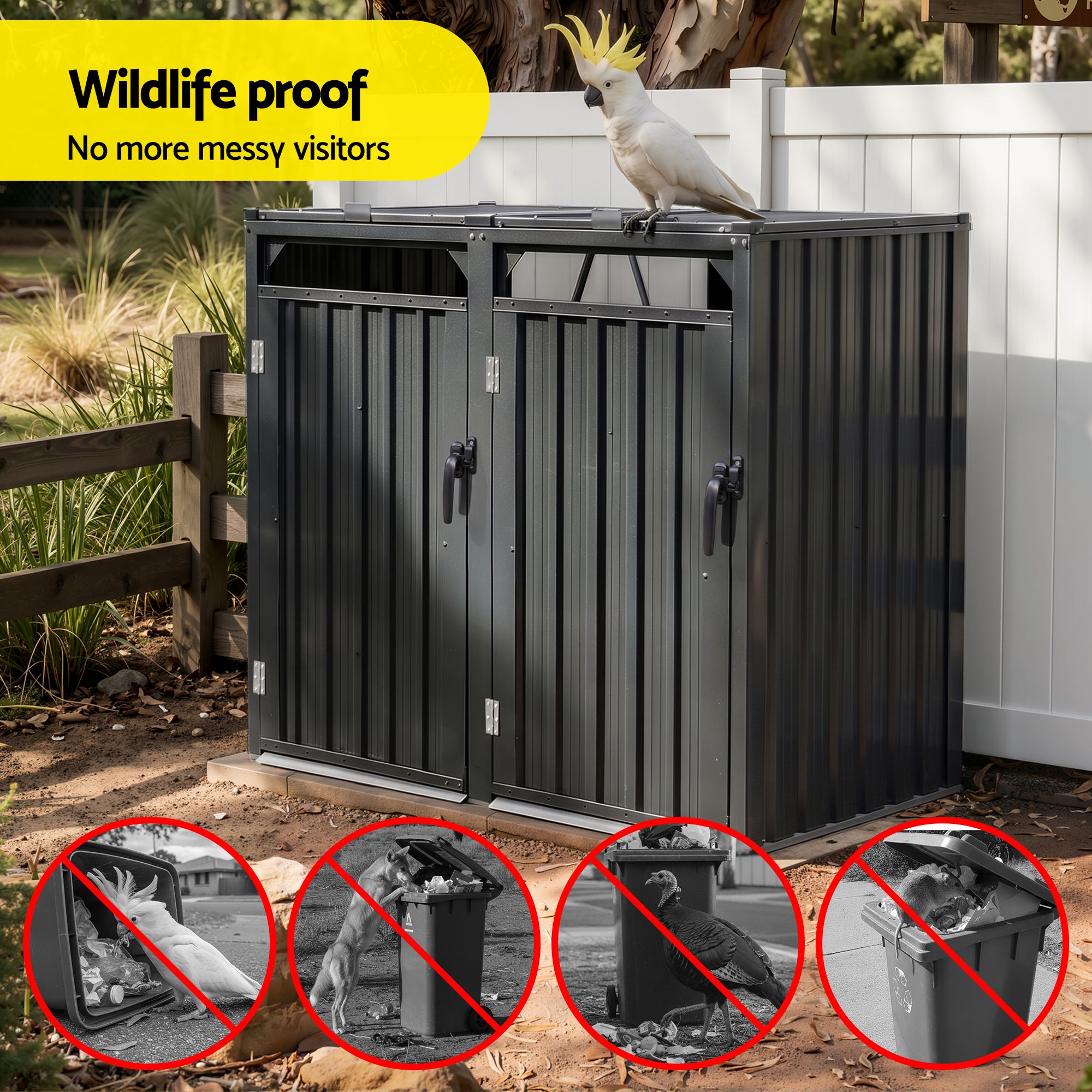 Giantz Bin Shed Double Wheelie Waste Bins Storage Steel Garden Enclosure Grey SHED-2BIN-STEEL-BK