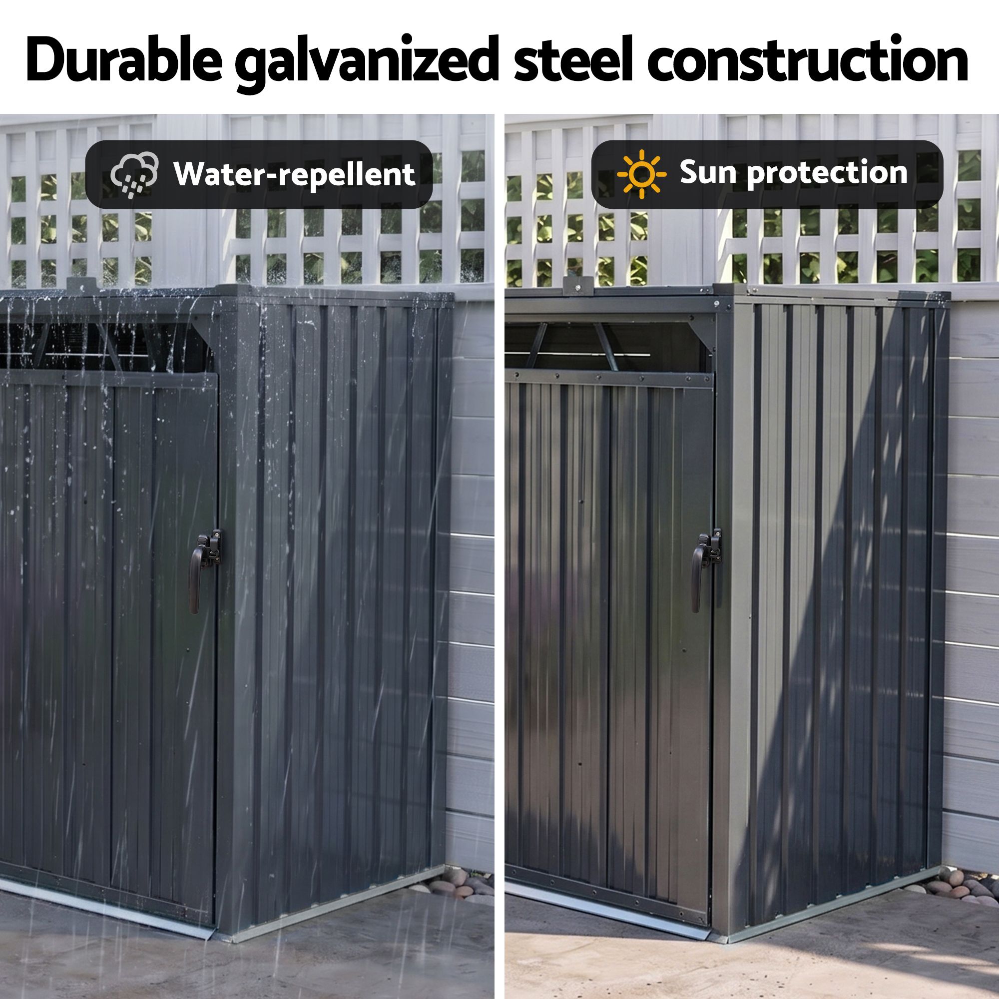 Giantz Bin Shed Double Wheelie Waste Bins Storage Steel Garden Enclosure Grey SHED-2BIN-STEEL-BK