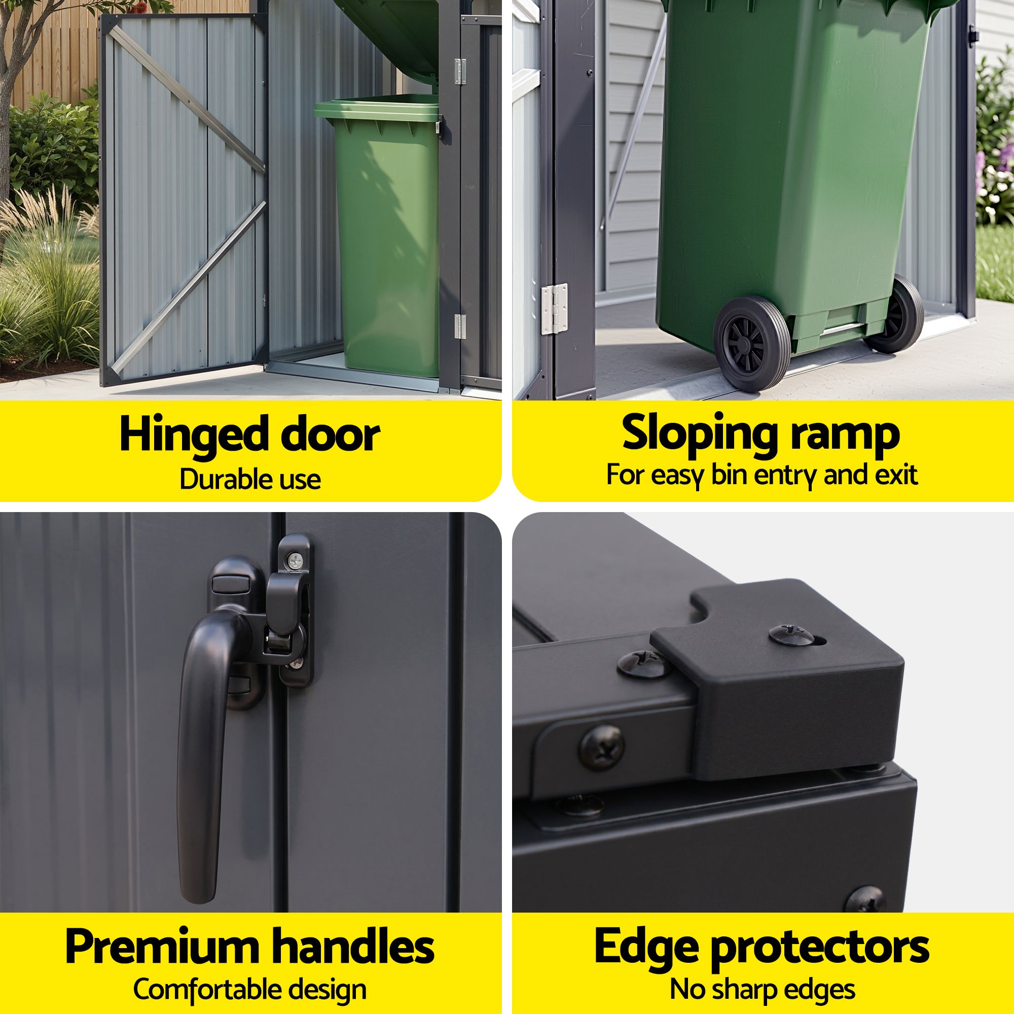Giantz Bin Shed Double Wheelie Waste Bins Storage Steel Garden Enclosure Grey SHED-2BIN-STEEL-BK