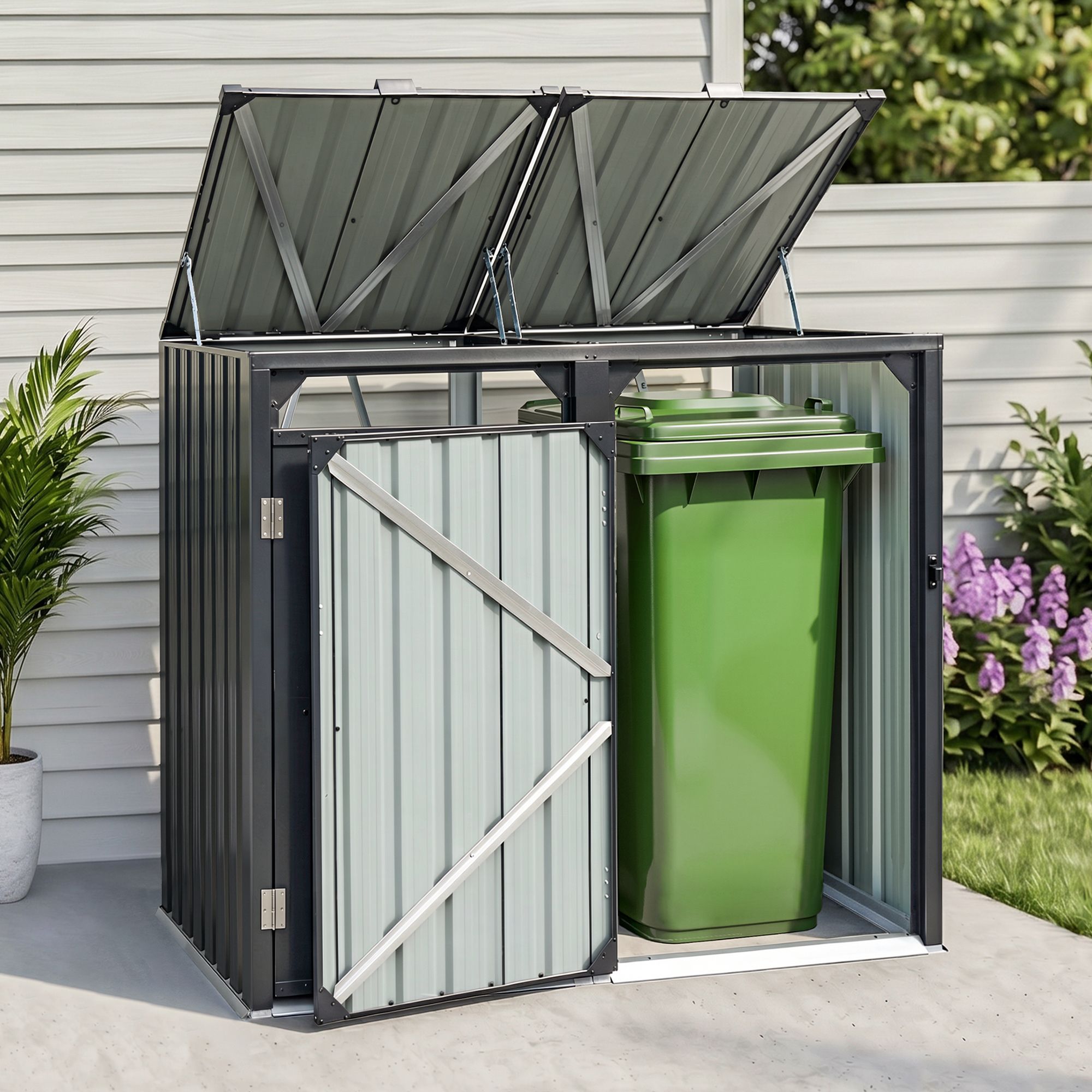 Giantz Bin Shed Double Wheelie Waste Bins Storage Steel Garden Enclosure Grey SHED-2BIN-STEEL-BK