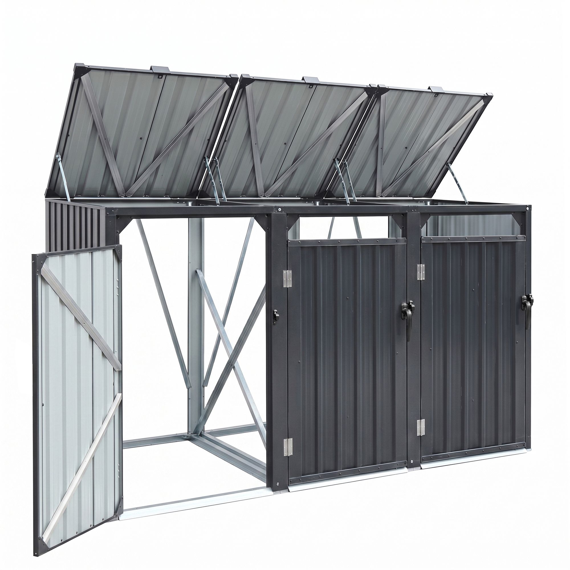 Giantz Bin Shed Triple Wheelie Waste Bins Storage Steel Garden Enclosure Grey SHED-3BIN-STEEL-BK-AB
