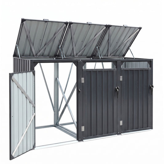 Giantz Bin Shed Triple Wheelie Waste Bins Storage Steel Garden Enclosure Grey SHED-3BIN-STEEL-BK-AB