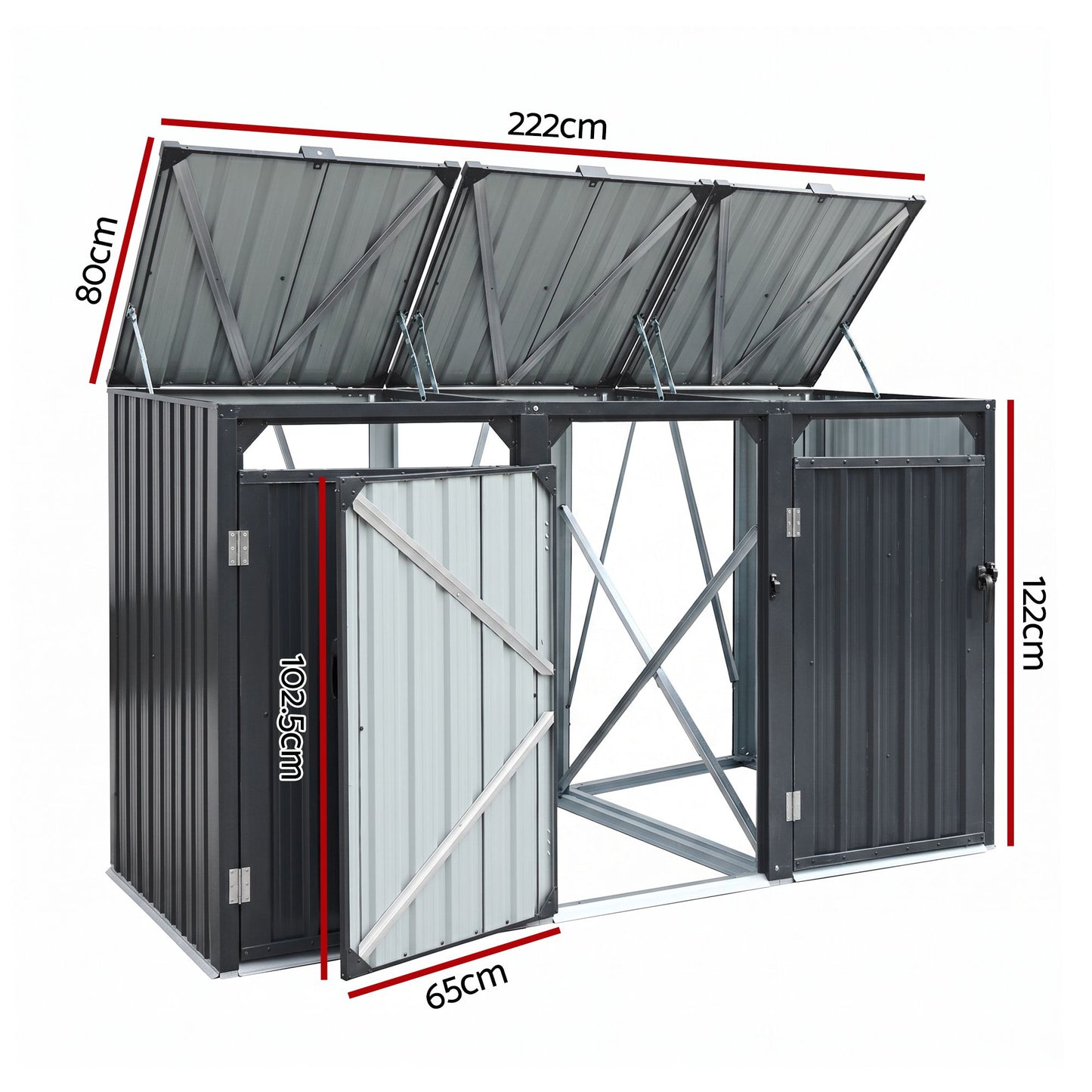 Giantz Bin Shed Triple Wheelie Waste Bins Storage Steel Garden Enclosure Grey SHED-3BIN-STEEL-BK-AB
