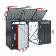 Giantz Bin Shed Triple Wheelie Waste Bins Storage Steel Garden Enclosure Grey SHED-3BIN-STEEL-BK-AB