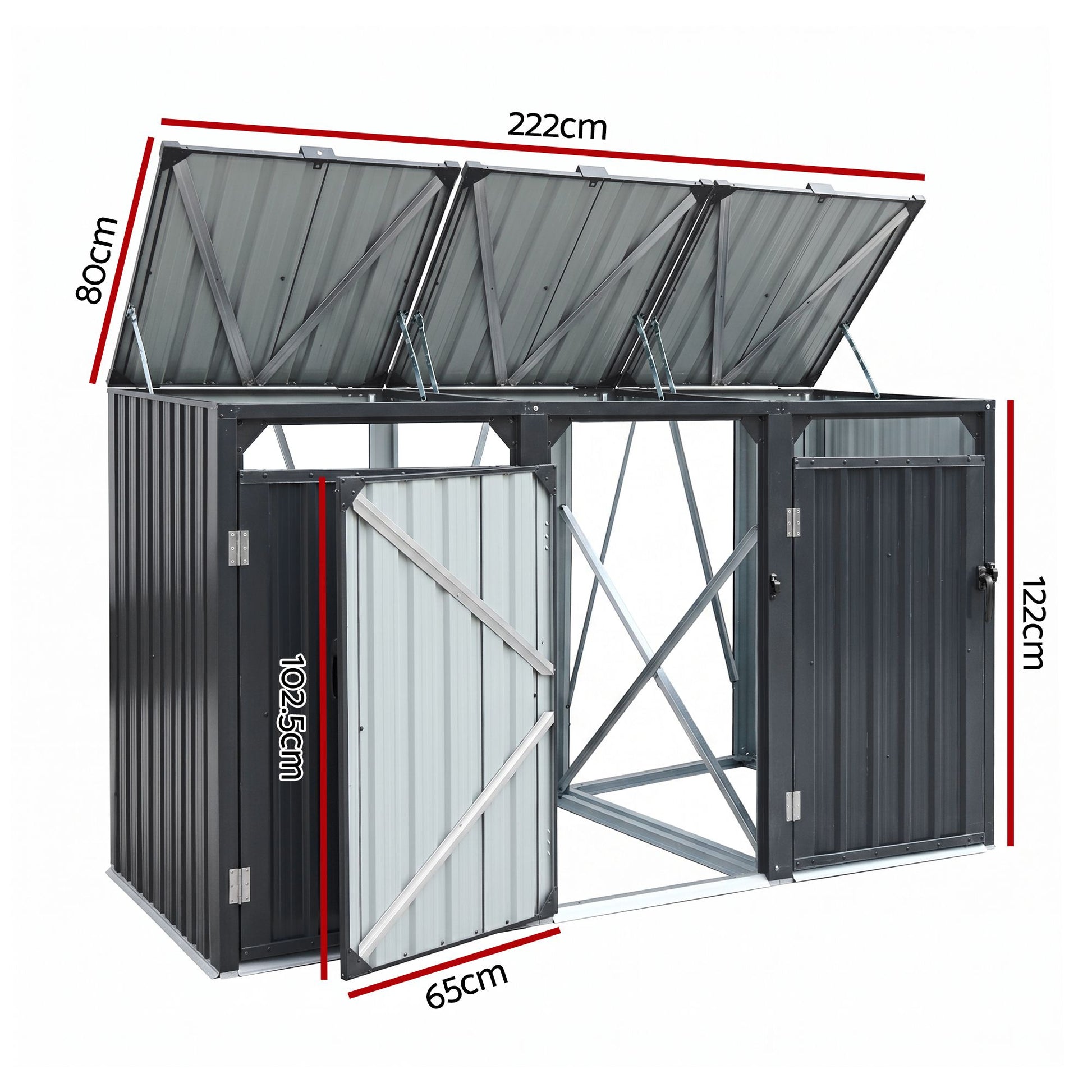 Giantz Bin Shed Triple Wheelie Waste Bins Storage Steel Garden Enclosure Grey SHED-3BIN-STEEL-BK-AB