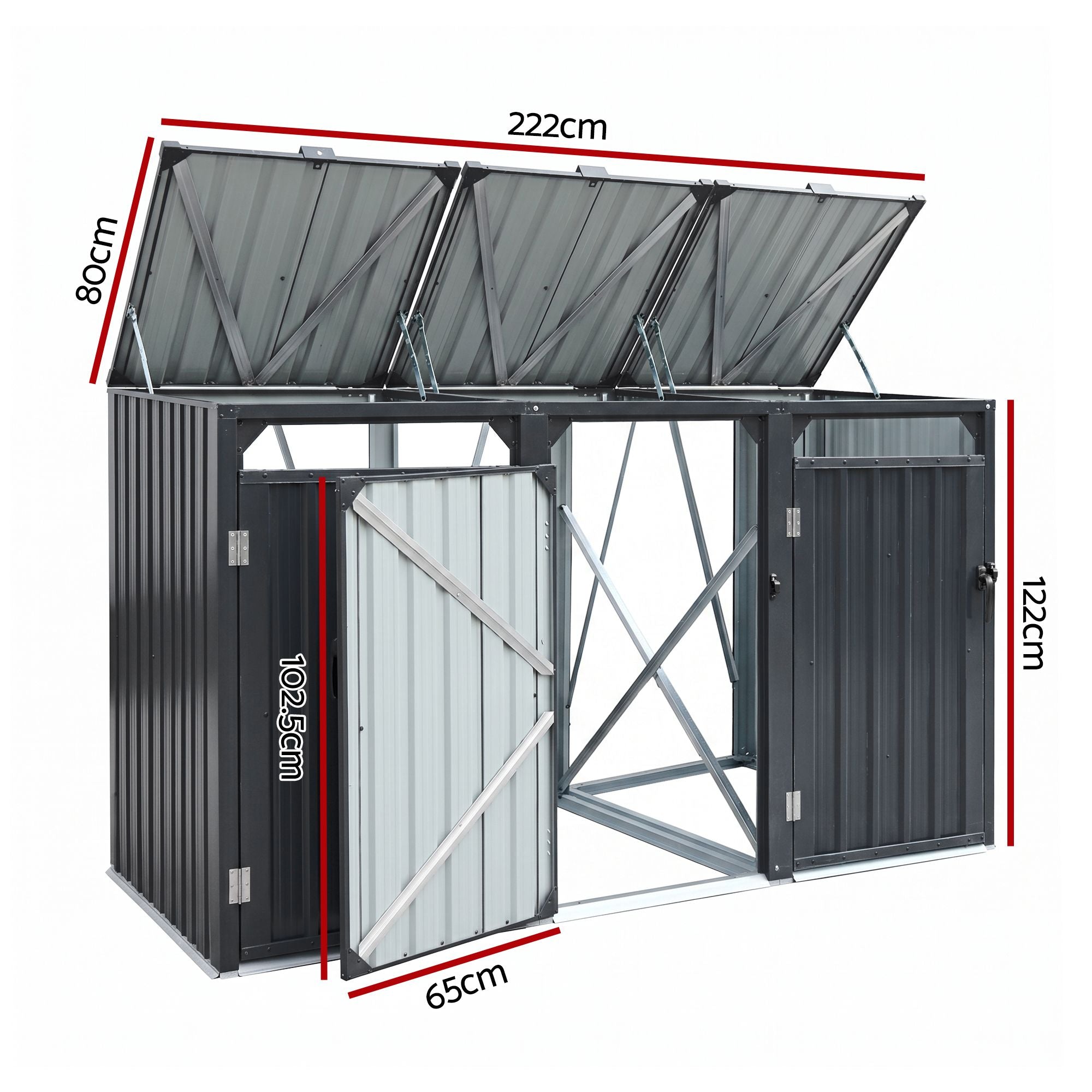 Giantz Bin Shed Triple Wheelie Waste Bins Storage Steel Garden Enclosure Grey SHED-3BIN-STEEL-BK-AB