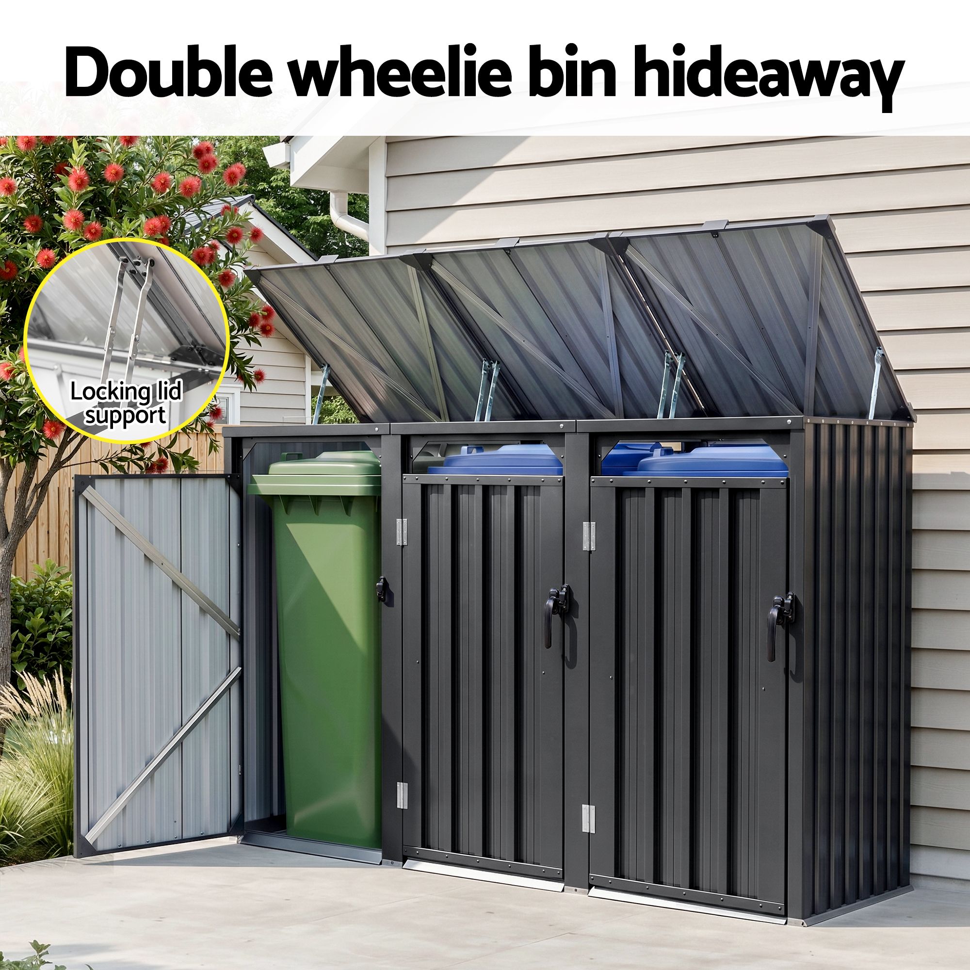 Giantz Bin Shed Triple Wheelie Waste Bins Storage Steel Garden Enclosure Grey SHED-3BIN-STEEL-BK-AB