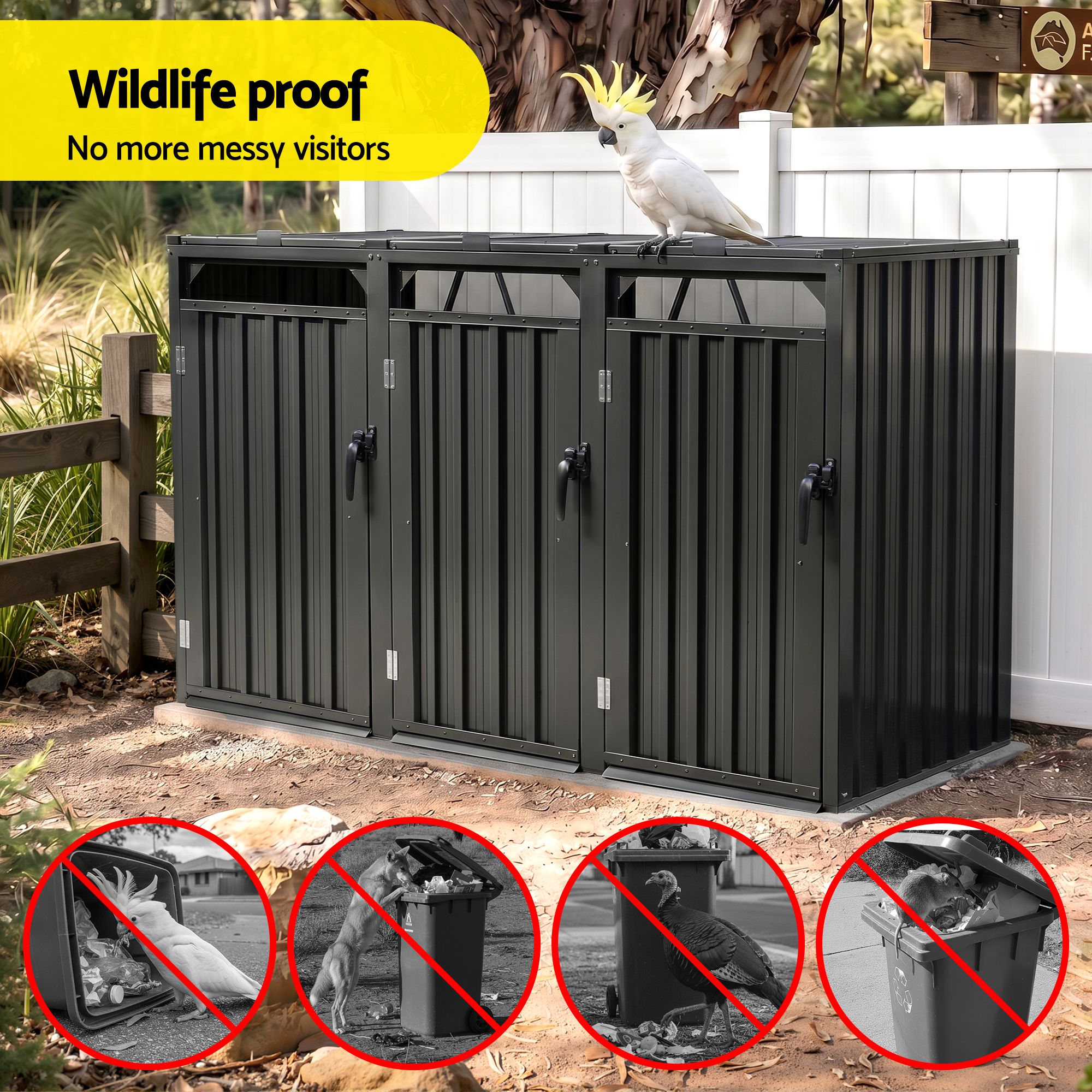 Giantz Bin Shed Triple Wheelie Waste Bins Storage Steel Garden Enclosure Grey SHED-3BIN-STEEL-BK-AB