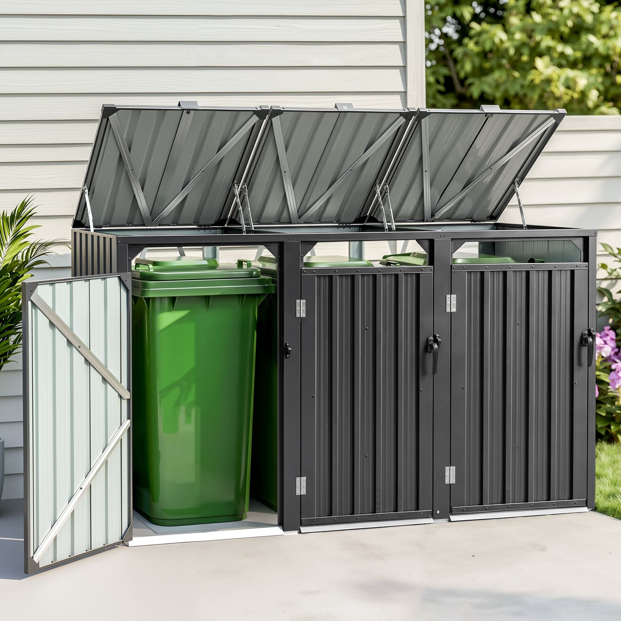 Giantz Bin Shed Triple Wheelie Waste Bins Storage Steel Garden Enclosure Grey SHED-3BIN-STEEL-BK-AB