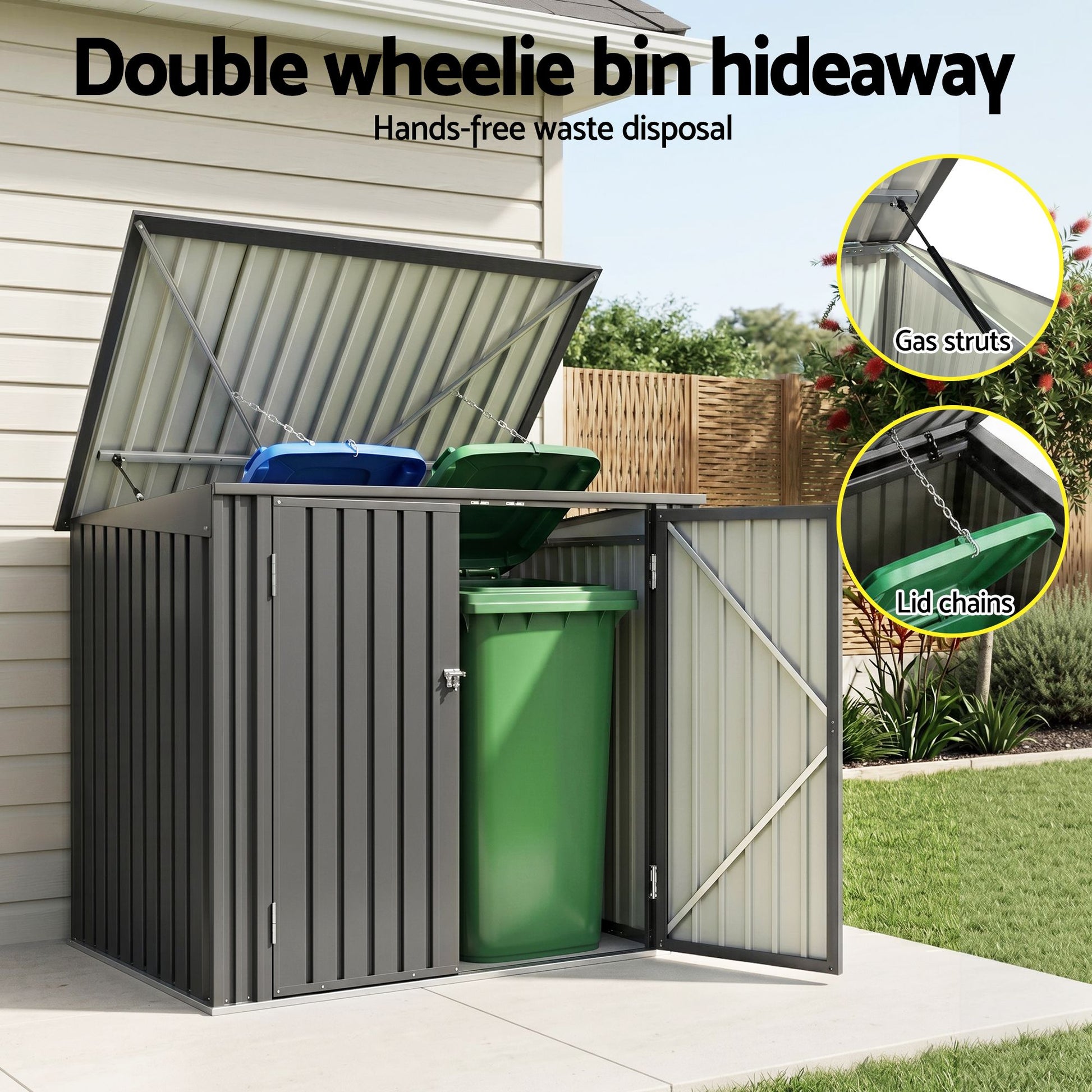 Giantz Garden Shed Wheelie Bin Storage Enclosure Outdoor Lockable Steel Cabinet SHED-FLAT-4X5-GR-AB