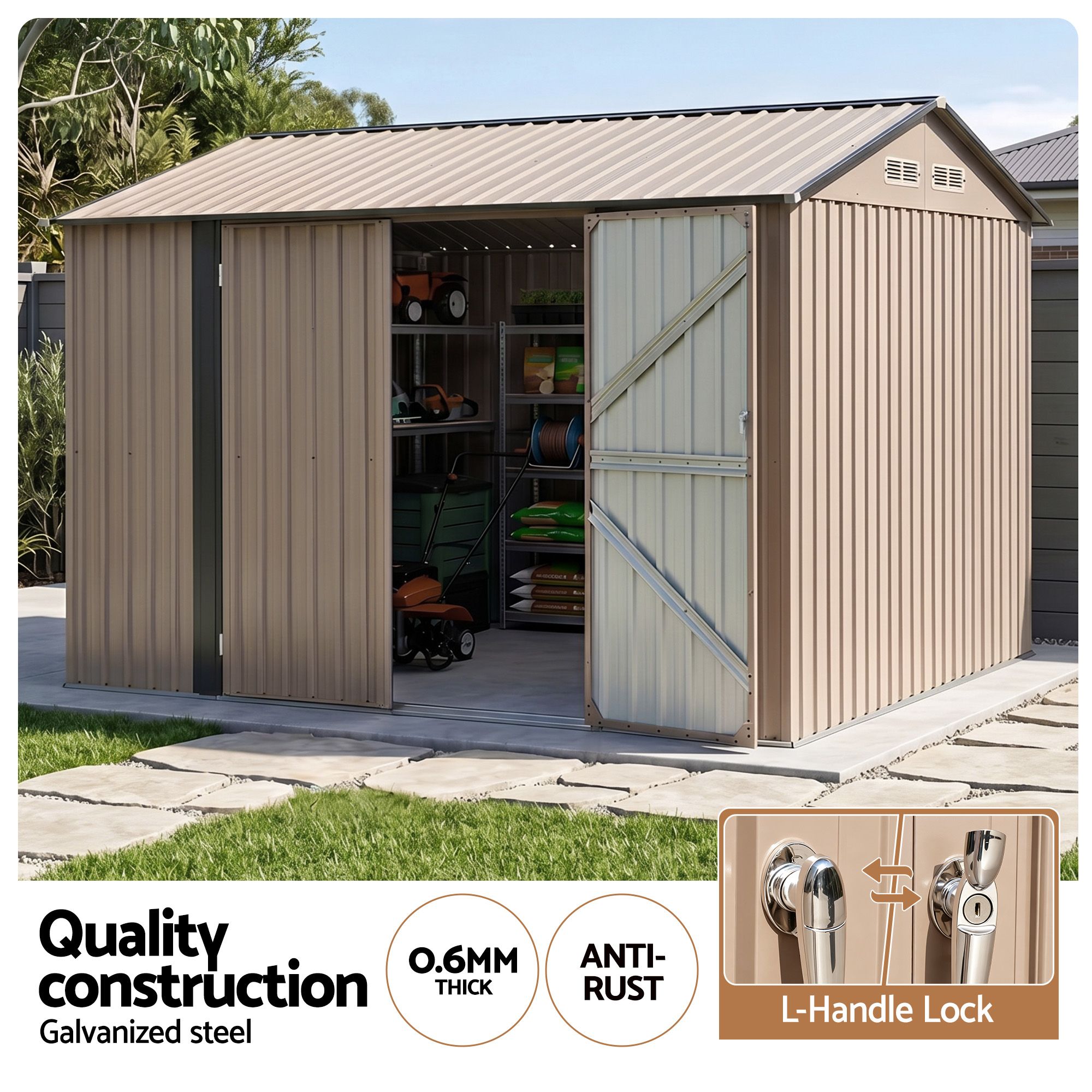 Giantz 3X3M Garden Shed Outdoor Storage Backyard Tool Shed Galvanized Steel Brown SHED-GAB-10X10-BR-ABCD